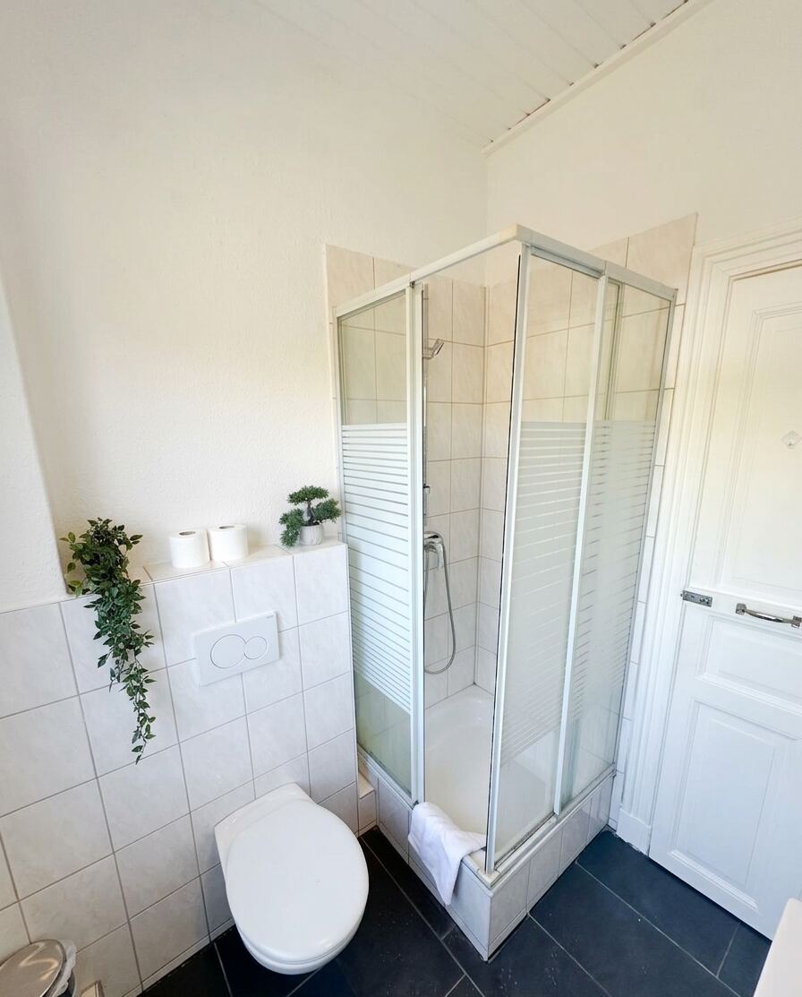 Helles Badezimmer mit Duschkabine und WC