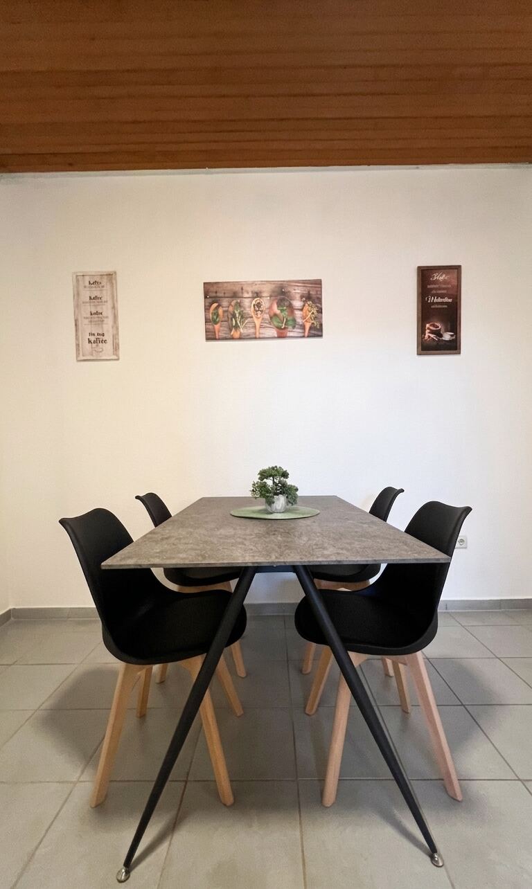Essbereich mit großem Tisch und vier Stühlen