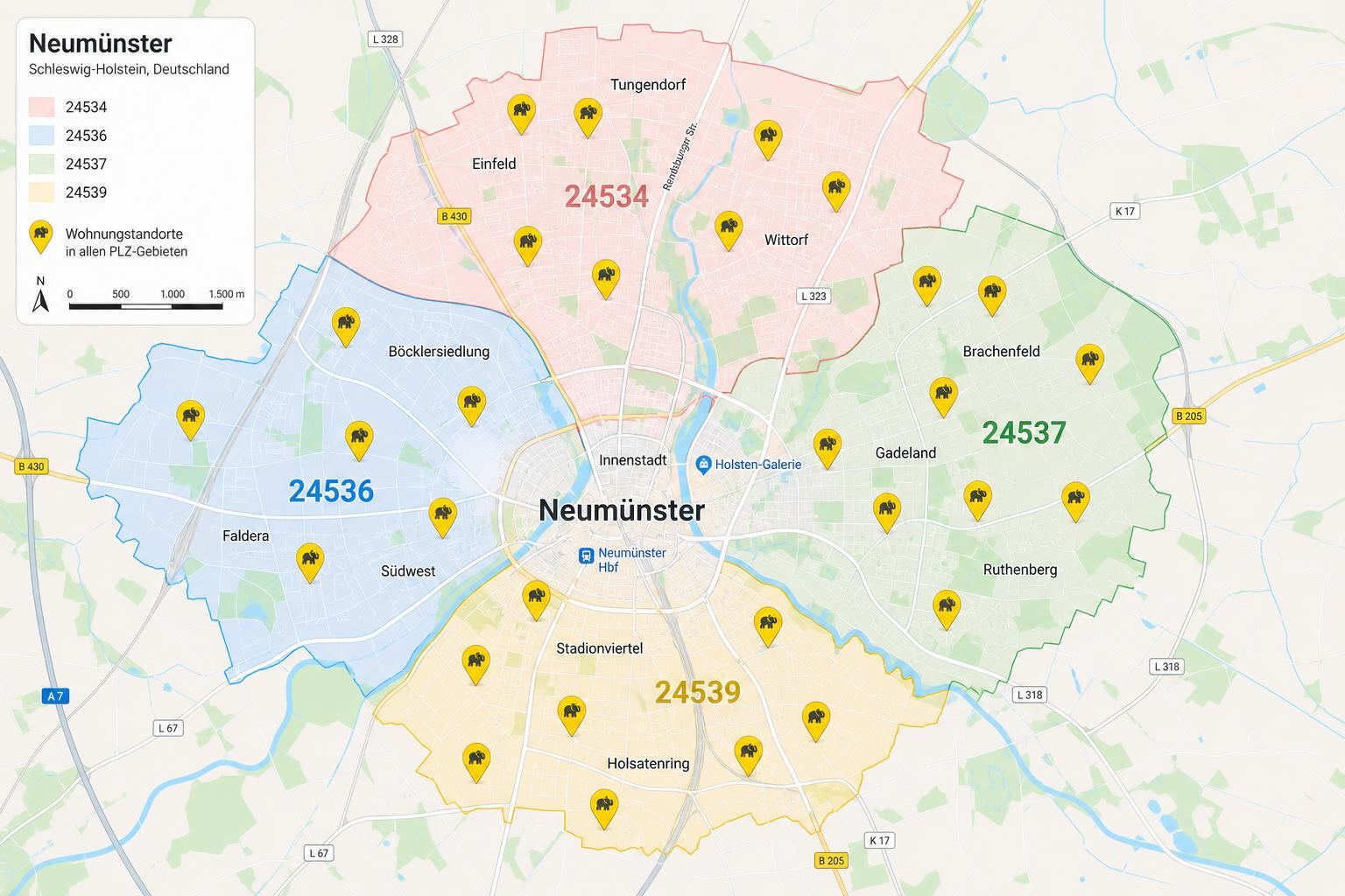 Karte von Neumünster mit Wohnungs-Standorten in allen Postleitzahlen 24534, 24536, 24537 und 24539
