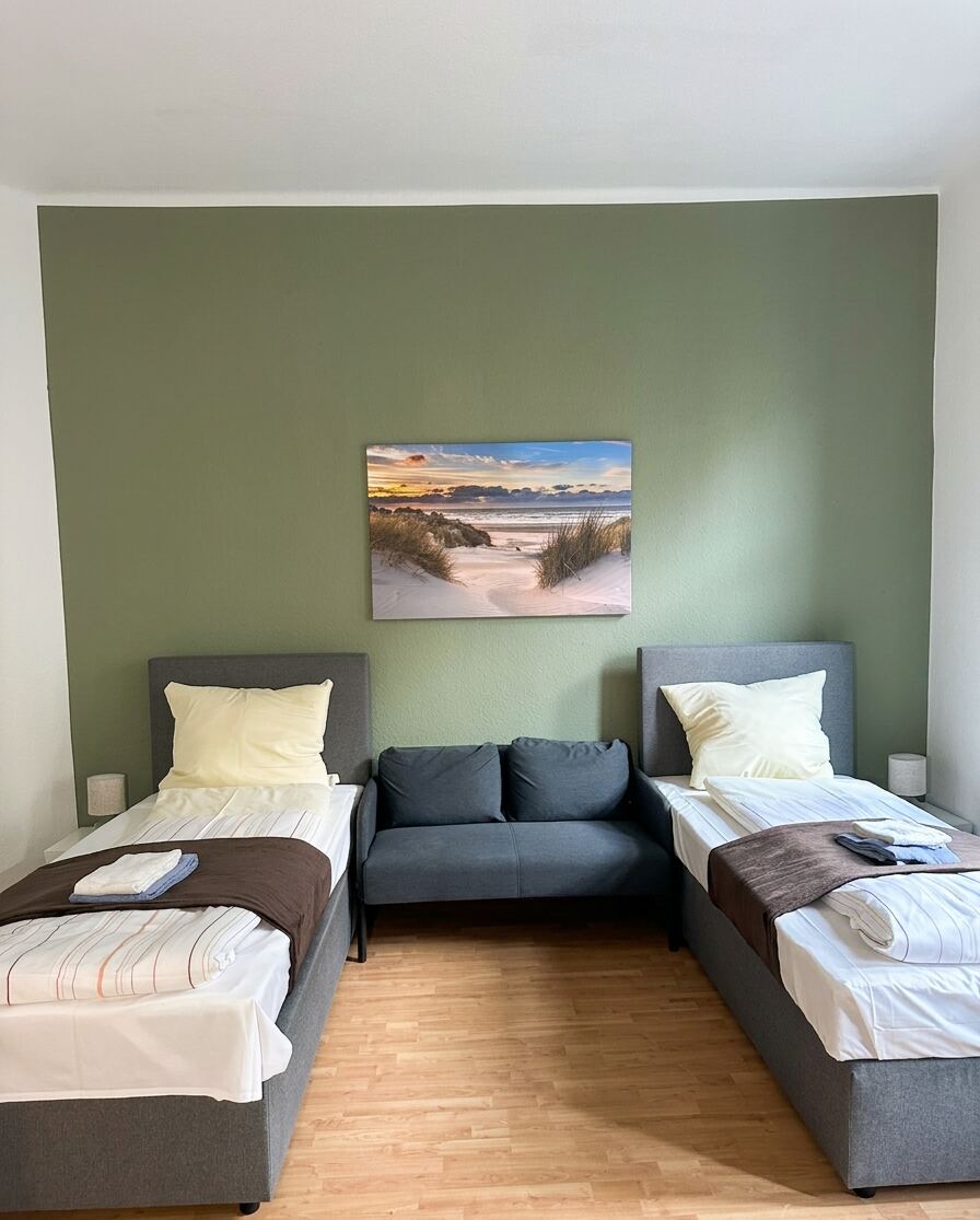 Stilvolles Apartment mit Einzelbetten und Loungebereich für Geschäftsreisende